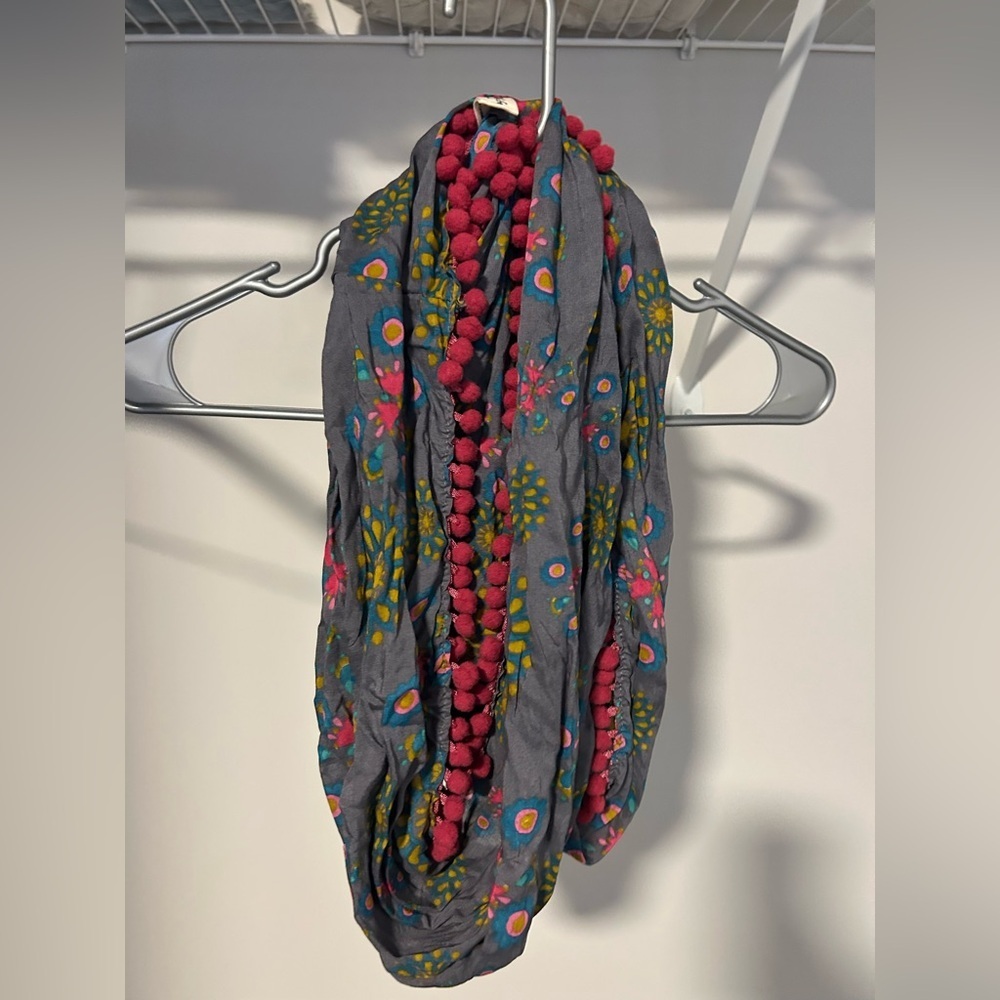 Gray Floral Infinity Scarf with Pom Poms